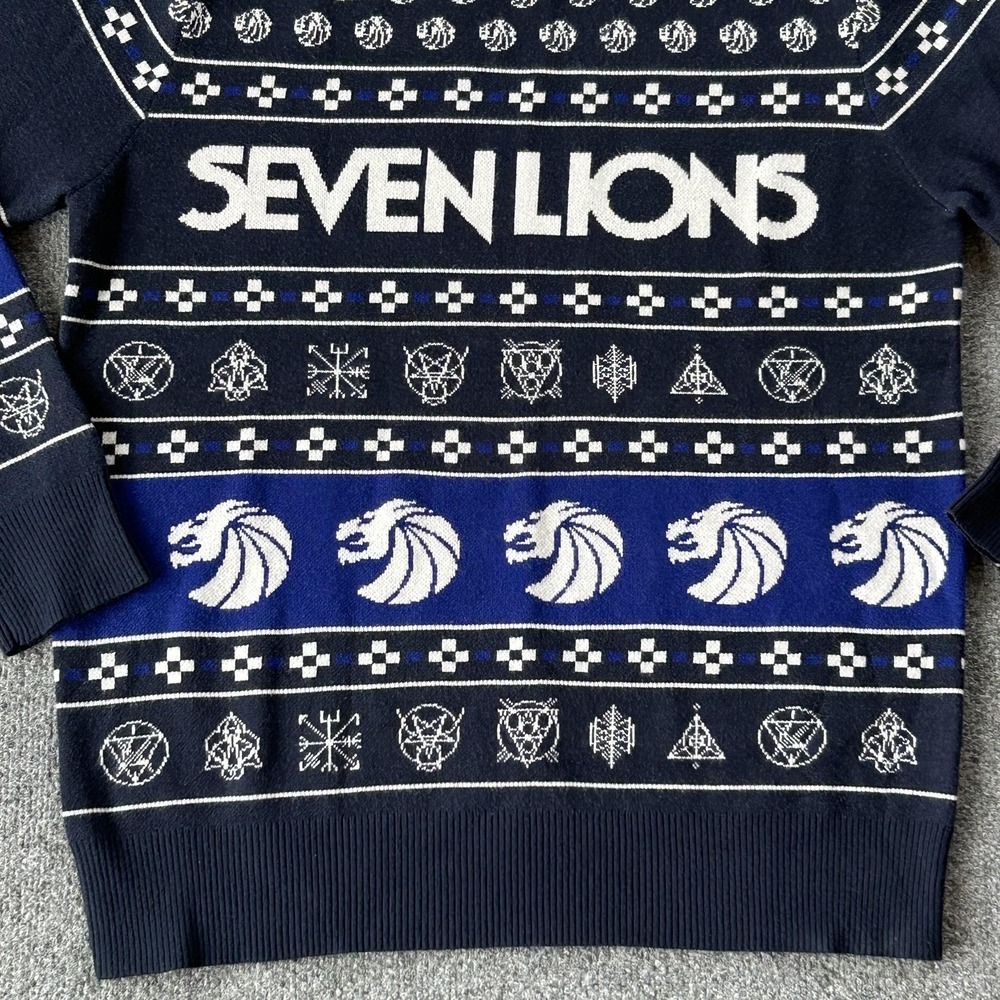 Seven Lions Sweater Mens‎ XL Navy Blue Knit Crewneck Holiday EDM Rave Graphic - Picture 3 of 10